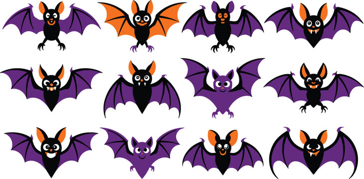 Halloween bat illustrations in purple and orange