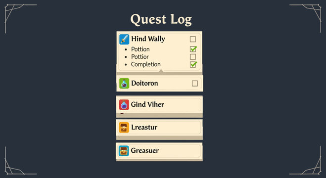 Digital quest log interface with task completion checklist.