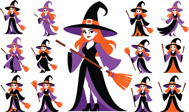 Halloween witch cartoon characters in various poses
