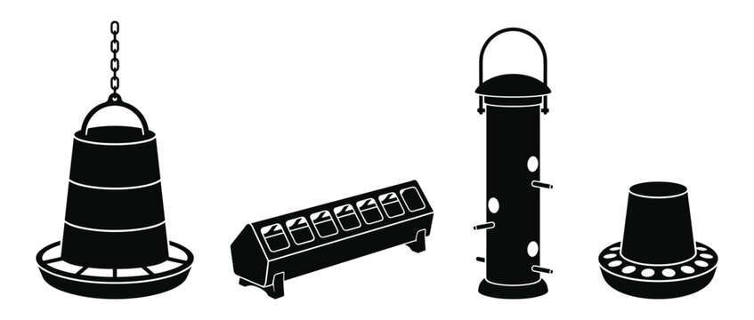Poultry feeding equipment set with bird feeders and waterers for farm and backyard birds.