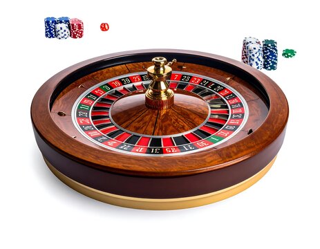 Roulette wheel and chips.