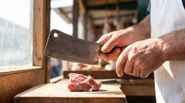 Butcher hand holding meat cleaver near raw meat on cutting board in rustic market stall, food prep, close up