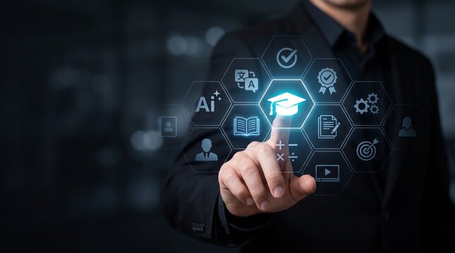 AI education technology for corporate training and professional skill development. interactive digital learning platform featuring automated course tracking, smart training modules, and strategic goal