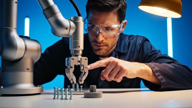 Engineer operates robotic arm picking screws in laboratory. Man with robot gripper sorts screws on table. Engineer tests robotic arm with screws. Robot arm picks screws while engineer watches.