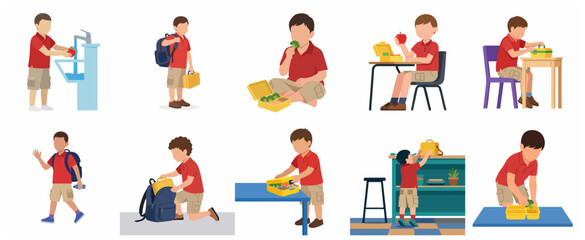 Fototapeta premium Schoolboy Daily Routine and Healthy Habits Set, Child Packing Lunch, Eating Vegetables, and Going to School Flat Vector Illustration