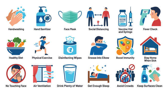 COVID-19 Prevention  Public Health Safety Guidelines Flat Vector Icons Set