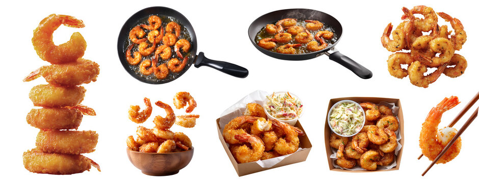 Set of battered breaded shrimp, deep fried, golden fried prawn crispy crunchy ebi, chopstick, skillet frying pan, takeout card box with coleslaw salad, stack pile bitten, transparent cutout PNG mock