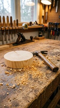 Woodworking workshop with a partially carved wooden bowl and tools on a workbench, bathed in natural light.