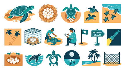 Obraz premium Flat Design Sea Turtle Conservation Icons Set - Marine Wildlife Protection Ecology Vector Illustrations