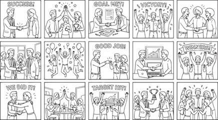 Obraz premium Business success concept line art set with celebrating office teams