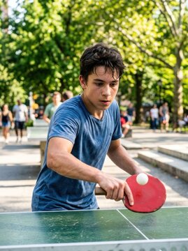 Young man playing table tennis outdoors in a park.