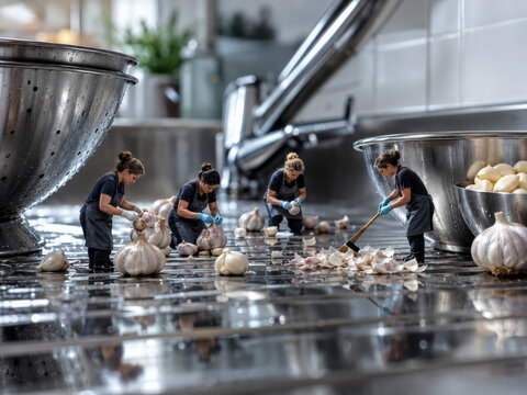 Personas pelando ajo en una cocina moderna, trabajando en la limpieza de los dientes de ajo en un ambiente organizado