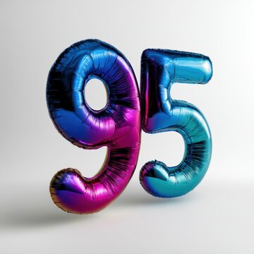 Metallic blue and purple balloon numbers forming ninety-five set against a white background with reflective lighting effects and smooth surface texture