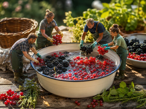 Recolecci&oacute;n de frutas en un campo al aire libre durante un d&iacute;a soleado, donde varias personas trabajan juntas en la limpieza y clasificaci&oacute;n de moras y cerezas