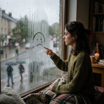 Young Woman Drawing Sad Face on Rainy Windowpane Reflecting Melancholy Mood.