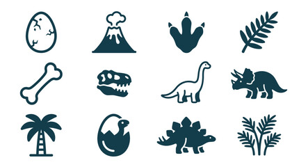 Twelve prehistoric dinosaur icons: cracked egg, volcano, footprint, fern leaf, bone, skull, brontosaurus, triceratops, palm tree, hatching baby, and stegosaurus vector silhouettes. © Latifatul