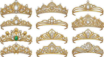 Collection of twelve ornate golden tiara illustrations featuring gemstones, pearls, floral motifs, and decorative royal headpiece designs © Sreemoti