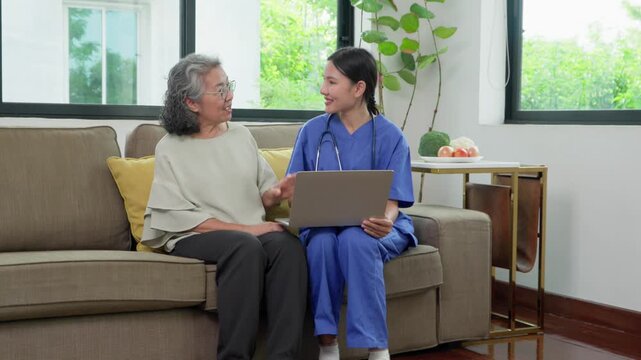 Compassionate Consultation: A healthcare professional, clad in scrubs, engages in a heartfelt discussion with a senior patient, offering support and guidance in a warm home environment.