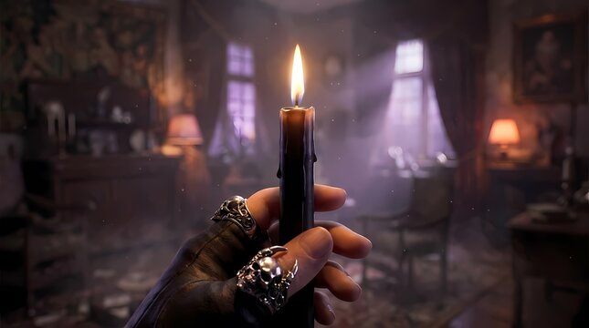 Hand holding burning black candle in dark library.