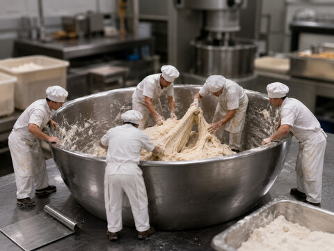 Grupo de personas trabajando en una gran olla de masa en una cocina industrial, mezclando ingredientes para preparar pan