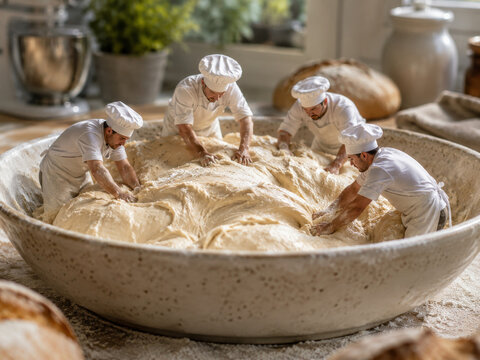 Cuatro chefs trabajan juntos en una gran masa de pan en una cocina iluminada por la luz natural en la ma&ntilde;ana