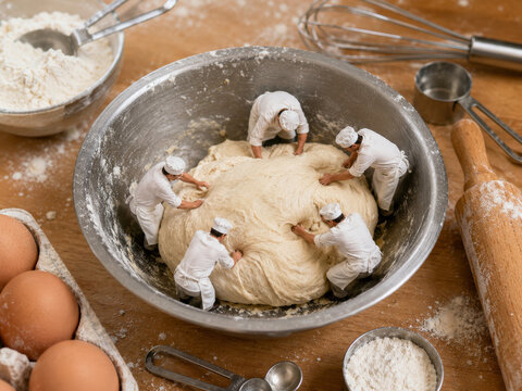 Panaderos trabajan la masa en una cocina, usando utensilios y ingredientes como huevos y harina en un ambiente de cocina
