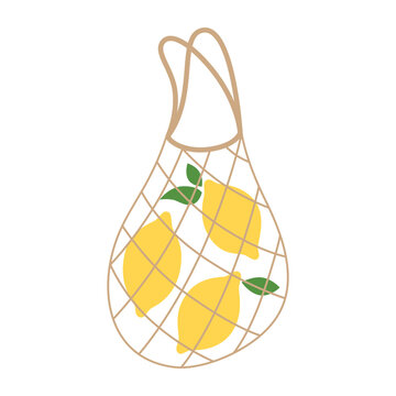 Reusable grocery bag filled with fresh lemons. Single mesh shopping bag design element. Zero waste and eco friendly concept. Vector illustration isolated on white background.