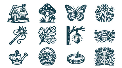 Collection of twelve dark line art icons featuring a fairy tale cottage, mushroom, butterfly, flowers, magic wand, leaf, lantern, bridge, watering can, berry basket, sundial, and garden gate. © Latifatul