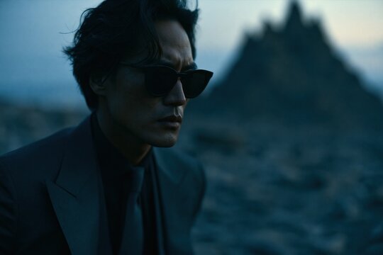 Cinematic portrait of a man in a suit in a rocky landscape during twilight dusk