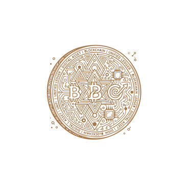 Brown line coin with blockchain circuit board pattern, digital asset text, and bitcoin symbol on a white background, isolated