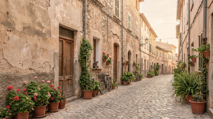 Fototapeta premium Warm sunlight glows over cobblestone street. Weathered stone walls flank each side. Potted plants and flowers add color. Rustic wooden doors invite curiosity. Bicycles lean near windows, parked