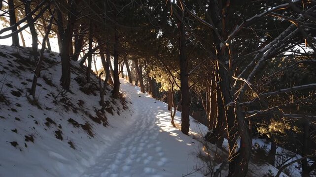 Tracking shot of snow covered forest path with footprints winding through pine trees on hillside at sunset