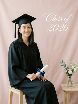 Young female graduate portrait seated with diploma and mortarboard against a soft pink backdrop class of 2026 pose for announcement card and celebration keepsake