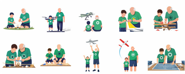 Fototapeta premium Grandfather and Grandson Building and Playing with Model Airplanes Illustration Set