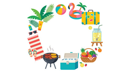 Fototapeta premium This vibrant vector illustration showcases a circular arrangement of summer vacation essentials like beach gear, travel items, and a BBQ grill.