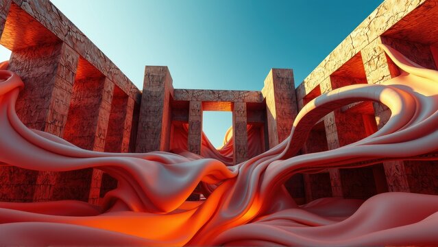 Abstract architecture, fluid forms intertwine with stone structures. Warm tones dominate, creating surreal, captivating scene. Dramatic lighting enhances depth.