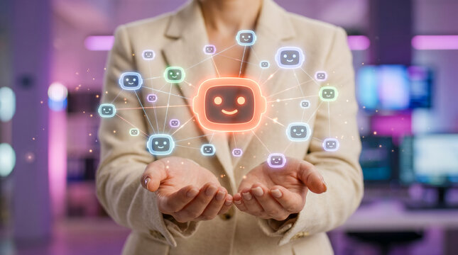 Businessperson holding virtual AI robot icons representing composite AI, AI orchestration, multi-agent intelligence, automation, machine learning, digital transformation, and enterprise innovation.