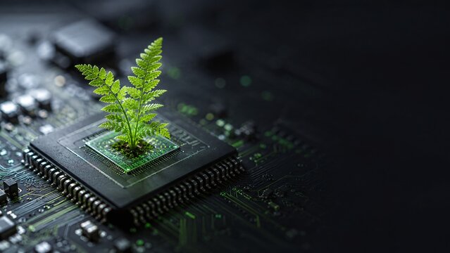 Macro Fern Sapling Growing on Microchip Symbolizing Green Technology and Sustainability