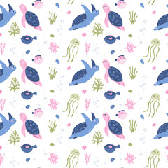 Obraz premium Cute cartoon turtle seamless background with jellyfish and pufferfish.