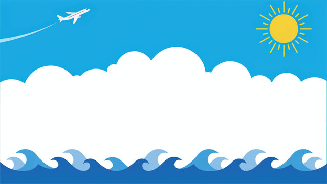 Airplane flying over ocean waves under sunny sky with clouds