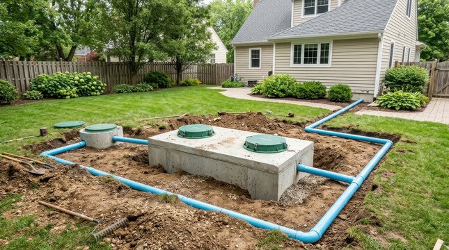 Residential septic system installation in a backyard