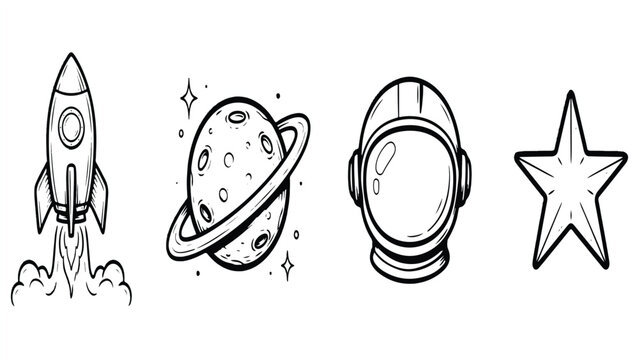 Black and white line art illustrations of space objects and symbols