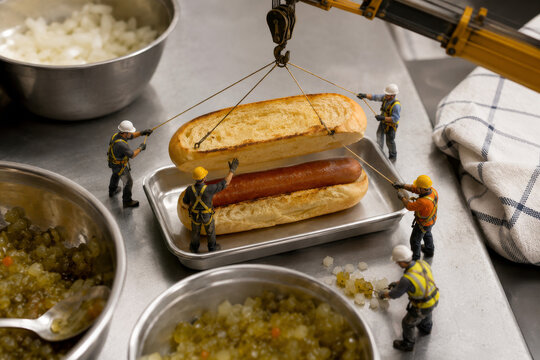 Construcci&oacute;n de un hot dog en una cocina con miniaturas que simulan trabajadores de la construcci&oacute;n