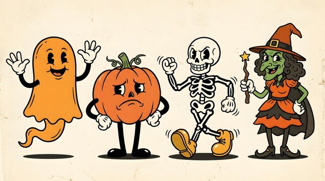 Vintage cartoon style halloween characters set