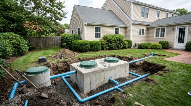 Installation of a new residential septic system in a backyard