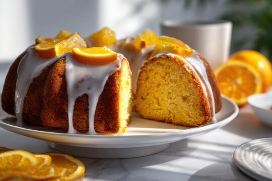 Moist orange bundt cake topped with white icing and fresh orange slices served on a white plate in natural light with coffee and more citrus in the background