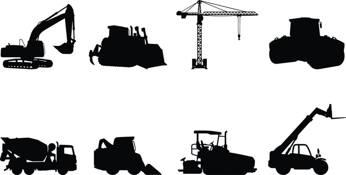 Vector silhouettes of construction machinery and heavy equipment including excavator, bulldozer, crane, roller, mixer, loader, paver, and telehandler