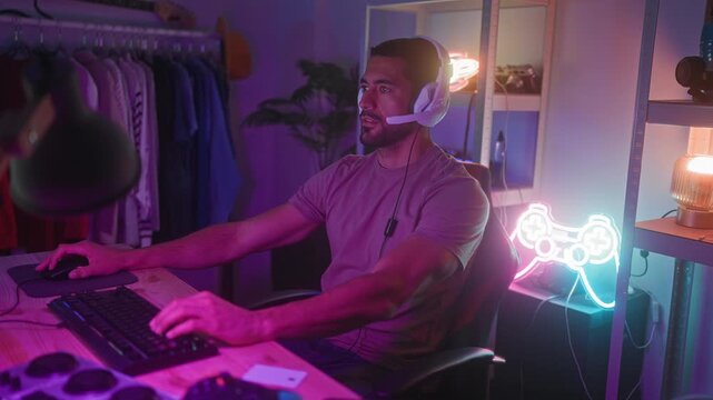 Man with white headset clicking mouse, typing on keyboard and holding a card beside neon gamepad sign in studio; concentration leisure play.