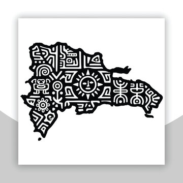 Detailed Taino Art Inspired Map Outline of the Dominican Republic Island in Black and White Style