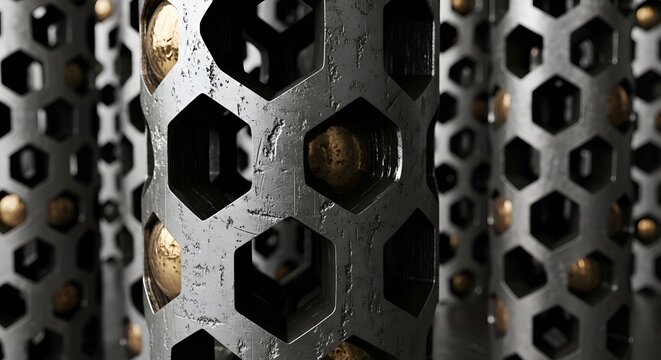 Hexagonal Metal Tubes with Golden Spheres inside, Abstract Industrial Background